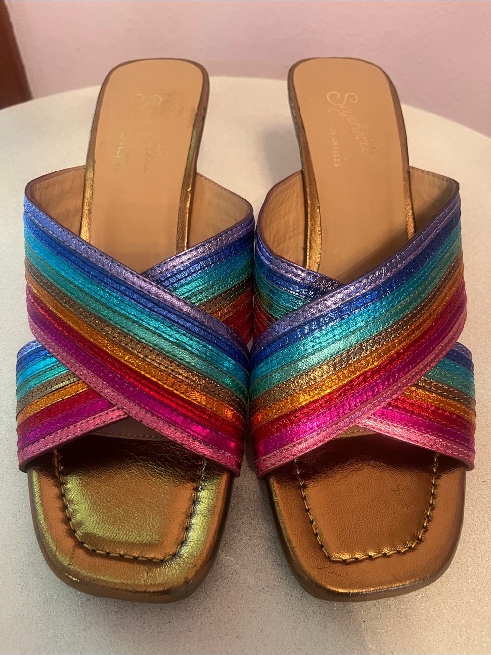 Seychelles Fleet  Rainbow Metallic Crisscross Slide Mules